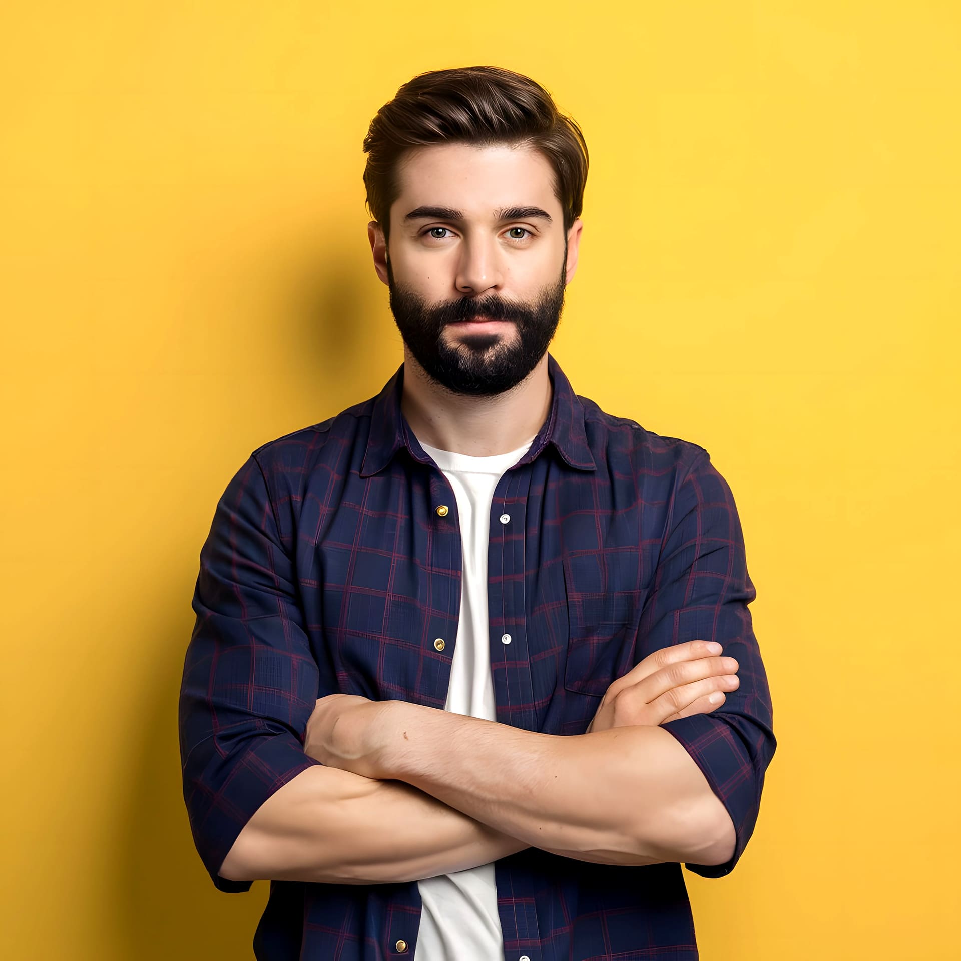 man-with-beard-stands-front-yellow-background